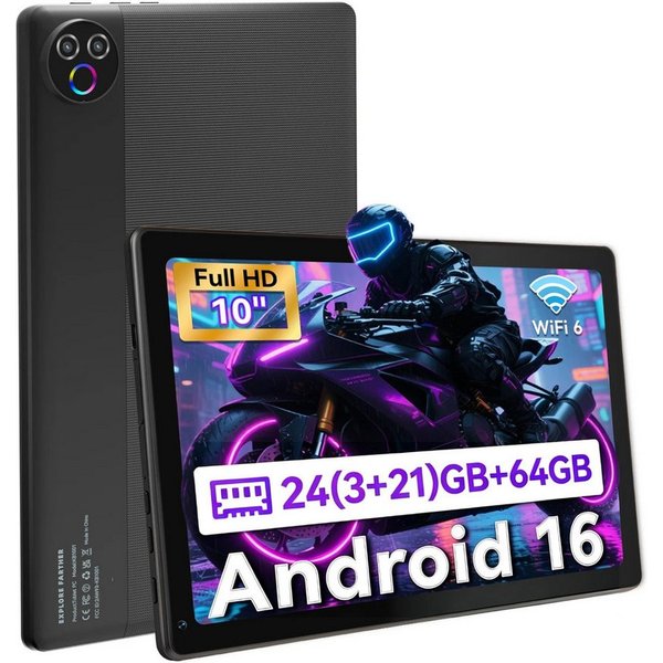 BUFO 10,1 Zoll, 20/24GB+64GB+1TB erweiterbar, Android 15/16, HD 1280x800 Tablet (10,1", 64 GB, Android 16, WiFi 6, Bluetooth 5.4, 5-Kern, 24(3+21)GB RAM)