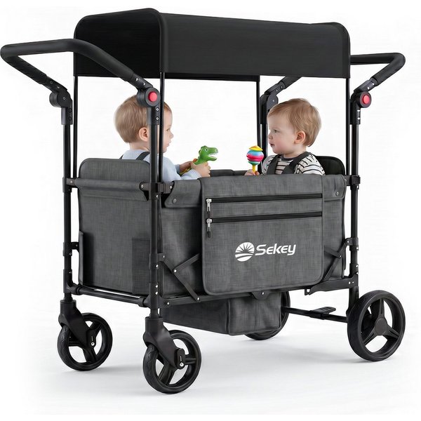 Sekey Bollerwagen Faltbar mit Dach, 1-2 Kinder Bollerwagen mit XXL-Rädern (24/20 cm), Flexibler Innenraum – Sitzen oder Liegen, mit 5-Punkt-Gurtsystem