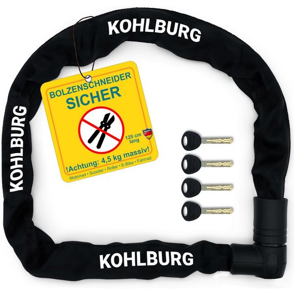 KOHLBURG Kettenschloss Motorradschloss [Anti-Bolzenschneider] Fahrradschloss hohe Sicherheit, 125 cm lang • 4,5 kg • Schloss für Motorrad Scooter E Bike & Fahrr