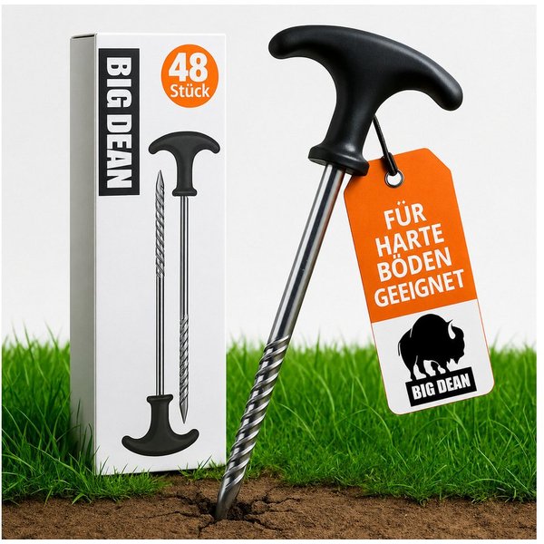 BigDean Zelthering Erdnägel Stabil Zeltheringe für harte Böden, (Set, 48-St., Heringe), Tiefes Gewinde, T-Griff, Robustem Stahl