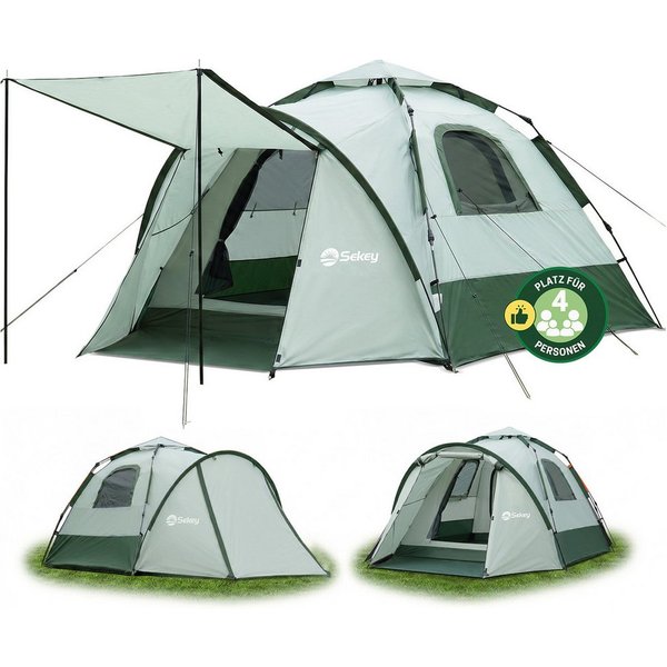 Sekey Kuppelzelt 3 in 1 Pop Up Campingzelt 4 Personen mit Vorzelt und Markise, Personen: 4, Pop up Kuppelzelte, Wasserdicht PU3000+ & UPF50+ Sonnenschutz