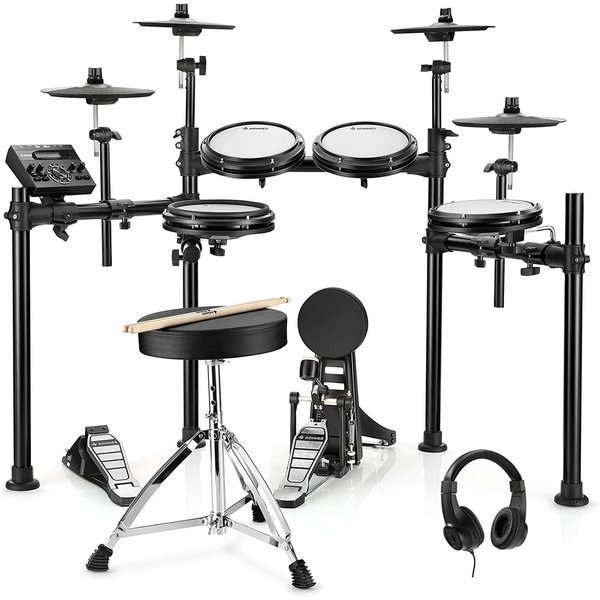 Donner E-Drum E-Schlagzeug 450 Sounds mit Thron Pedale Kopfhörer Unterricht DED-200,Set, Trommelhocker/Drumsticks/Kopfhörer/Audiokabel, 5 Trommeln und 4 Becken