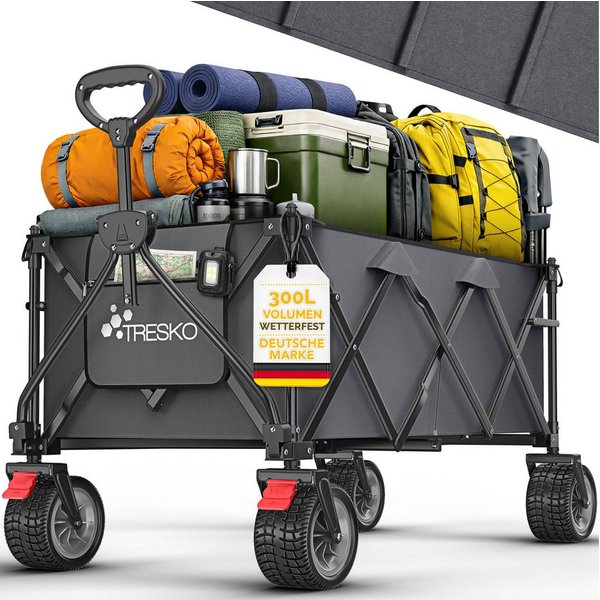 TRESKO Bollerwagen Bollerwagen faltbar 300L mit Bremse Handwagen klappbar 150kg (inkl. Vollgummireifen Faltbarer Strandwagen mit Extra Breite All-Terrain-Räder,