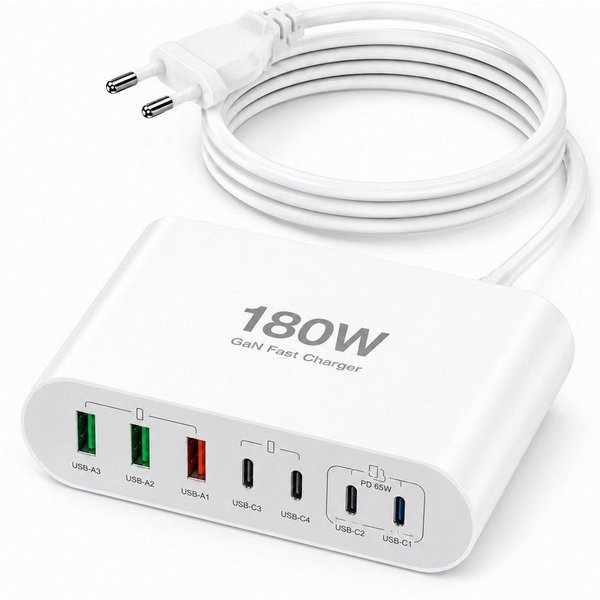 Vivitar 180W Ladegerät mit 7 Anschlüssen, GaN-Schnellladegerät, USB-C-PD USB-Ladegerät (inklusive eines 1,5 m langen, abnehmbaren Verlängerungskabels, für Table
