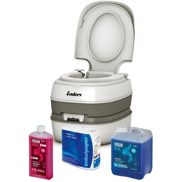 Enders® Campingtoilette Starter-Set Blue Comfort, (Spar-Set, 0,75L RINSE + 2,5L BLUE + 4 Rollen selbstauflösendes Toilettenpapier), Kolbenpumpe, geringes Gewich