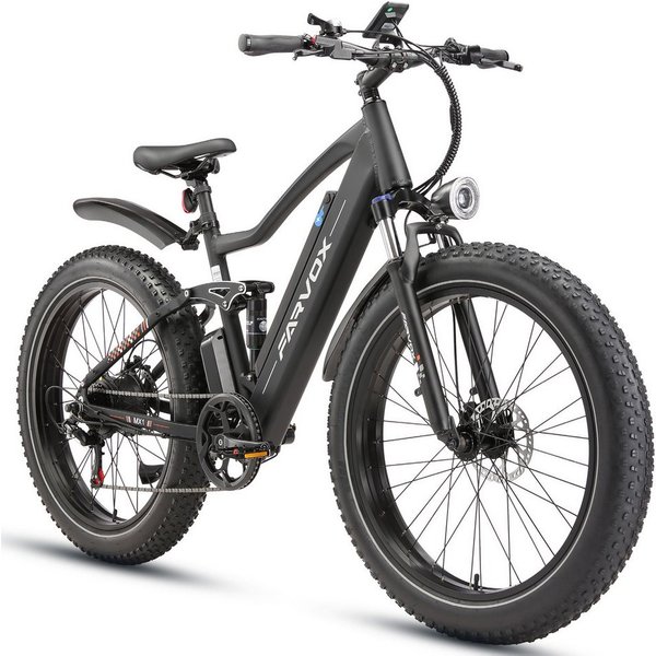 Vankel E-Bike Cityrad Herren Damen E-Fatbike 26 Zoll 250W 624Wh 100km Full-Suspension, Kettenschaltung, Heckmotor, 624 Wh, Shimano 7-Gang Hydraulische Scheibenb