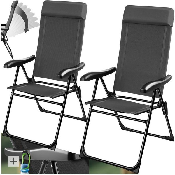 tectake Campingstuhl Faltbarer Aluminium Gartenstuhl mit Kopfpolster, 57 x 65 x 112 cm (Outdoor Klapptstuhl Müritz für Außen in Anthrazit, 2 St), Textilene-Gewe