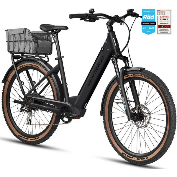 DERUIZ E-Bike Trekkingrad Quartz SUV 27,5 Zoll, bis 160 km, Drehmomentsensor, RH 46 cm, 8 Gang Shimano, Kettenschaltung, Heckmotor 250W, 644 Wh, (5 Stufen,Locko