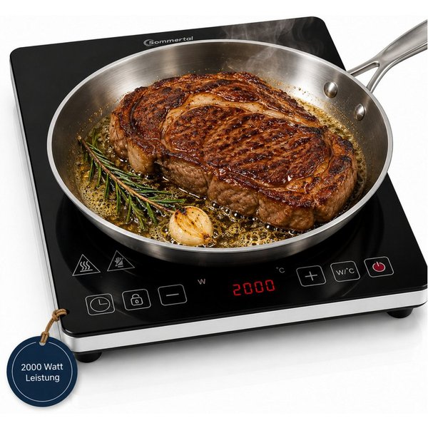 Sommertal Einzel-Induktionskochplatte Sommertal Induktionskochfeld 1 Platte 2000W Tragbar Super-Slim Design, mit 4h Timer, Touch, Kindersicherung, Profi Indukti