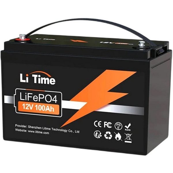 LiTime 12V 100Ah LiFePO4 Batterie mit BMS IP65 1280Wh Stromspeicher Solarakkus (12 V), L329*B172*H214 mm, für Wohnmobile, Boote, Wohnwagen und Solaranlagen