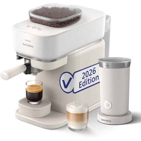 PHILIPS baristina Espressomaschine BAR308/00 mit Mahlwerk für ganze Bohnen, Milchaufschäumer inkl., 16 bar Pumpendruck, Naturweiß