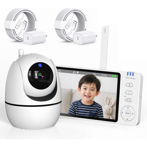 Senmudi Babyphone Babyphone mit Kamera, 3500 mAh 5 Zoll Bildschirm,Kabelgebundene Kamera, 355° Schwenken-95° Neige-Zoomen, Babyfone ohne WLAN, 2 Wege Audio, Tem