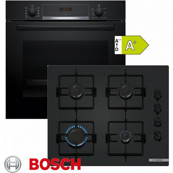 BOSCH Gasherd-Set Bosch Serie l 4 Autark Backofen Schwarz + GAS Glas Kochfeld, mit 1-fach-Teleskopauszug