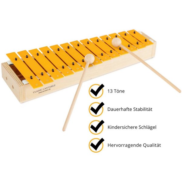 Classic Cantabile Glockenspiel Classic Cantabile GS-13 Glockenspiel für Kinder, Inkl. ein Paar Holz-Schlägel, Diatonisch mit 13 Tönen (c2 - a3)