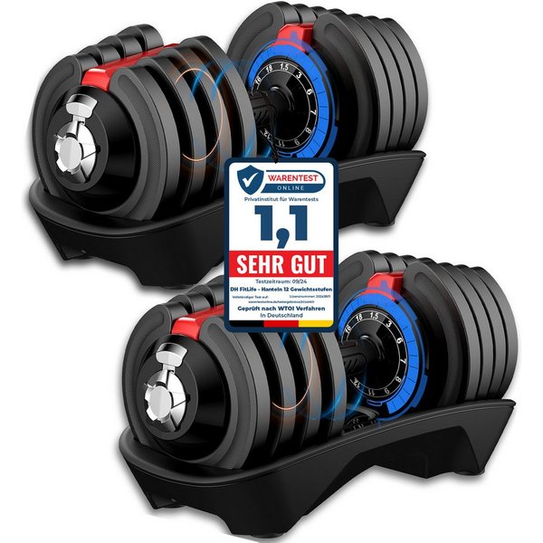 DH FitLife Hantel verstellbare Hanteln, 1,5 bis 18 KG mit 12 Gewichtsstufen, (ideal für Krafttraining & Fitness, ergonomische Hantel mit Schnellverstellung, Gus