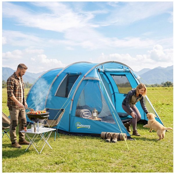 Outsunny Kuppelzelt Familienzelt mit Tür Fenster, Packtasche, Zelt, Personen: 4 (Festivalzelt, 1 tlg., Familienzelt), 2000 mm Wassersäule, für Trekking, Blau