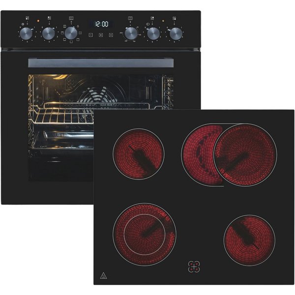 exquisit Elektro-Herd-Set EHE258-UBZ-020-Set schwarz, Vielseitiger Grill und 4-Zonen-Glaskeramikkochfeld – einfach & sicher!