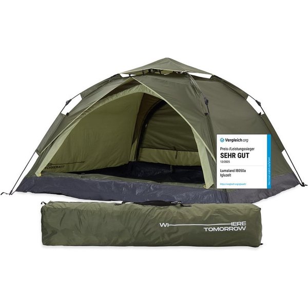 Lumaland Kuppelzelt Pop Up Zelt - 3-Personen-Zelt mit Doppeltür, Wurfzelt Trekkingzelt - 210x190x110 cm - Grün