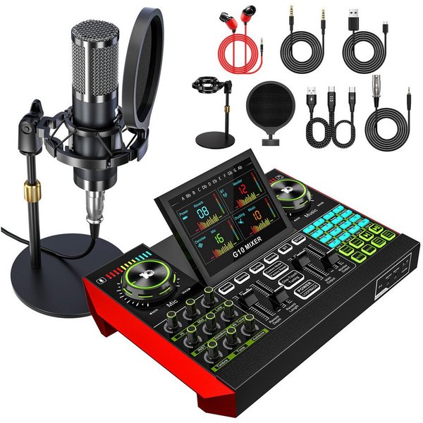 home trends Tenlamp G10 Zehn Lampen Podcast- & Streaming-Set mit Mixer Soundkarte 7.1 Surround, USB-Plug-and-Play, Display, Stimmwechsel, Aufnahme, Hall