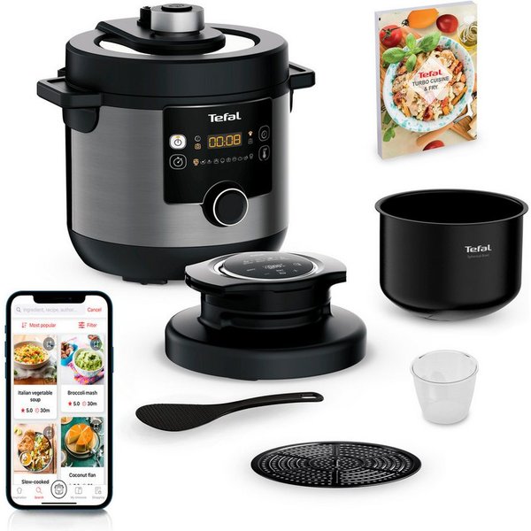 Tefal Multikocher Turbo Cuisine & Fry inkl. Extra-Crisp-Deckel, 1-Knopf-Bedienung, 1200 W, 7,6 l Schüssel, Schnellkochtopf/ Heißluftfritteuse, 15 automatische P