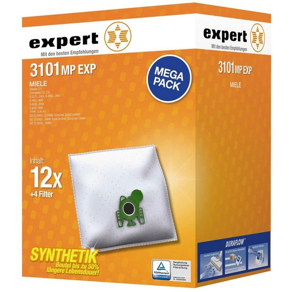 Expert Staubsaugerbeutel 3101MP EXP, Megapack 12 Beutel + 4 Filter passend für Miele Modelle