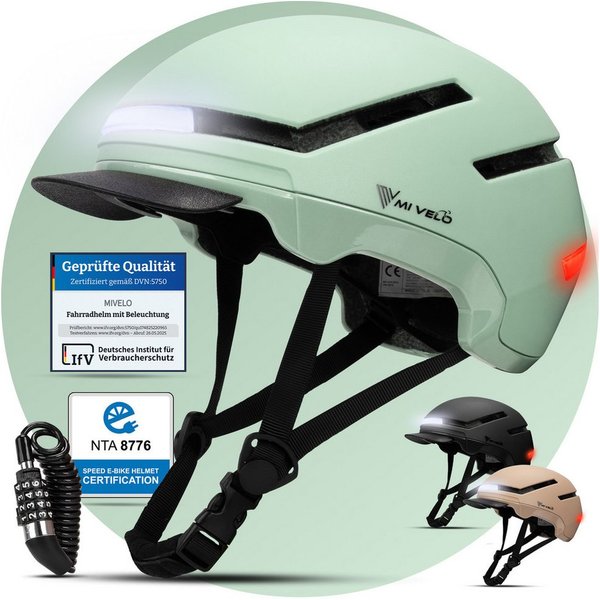 MIVELO Fahrradhelm NOVA - für Herren und Damen mit Licht vorne & hinten, NTA zertifiziert, 360° Beleuchtung, 24 Monate Crash-Ersatz-Garantie