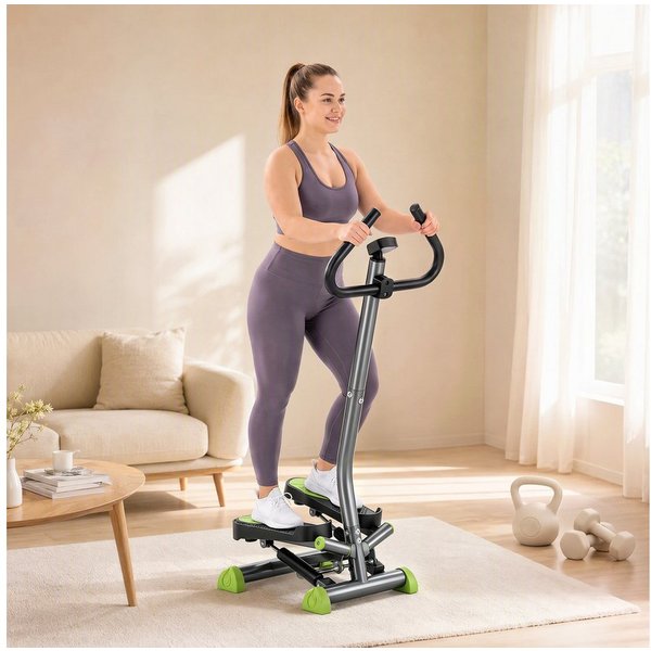 HOMCOM Stepper Fitness Swing Stepper mit LCD-Schirm und Handgriff Grün (Hometrainer, 1-tlg., Sportgeräte), für Zuhause bis 100 kg Stahl ABS Grau+Grün 55 x 44 x 