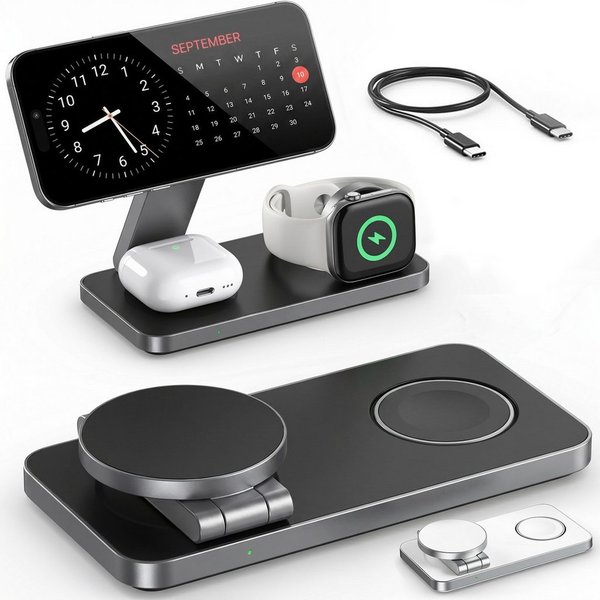 GreenHec Ladestation Apple Watch iPhone 3in1 MagSafe Ladegerät Wireless Charger Wireless Charger (3000 mA, Spar-Set, 3in1 PowerBase + USB-C Kabel + 20w Dual Cha