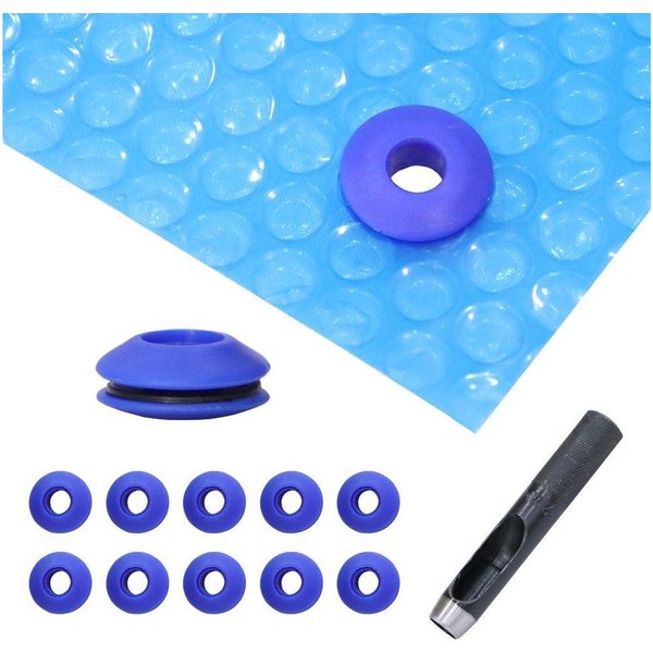 Feel2Home Pool-Abdeckplane 10 Stück Poolfolie Ösen blau + Locheisen Kunststoff Abdeckplane (Set, 2-St., Set bestehend aus Solarfolie und 10 Kunststoff Ösen mit 