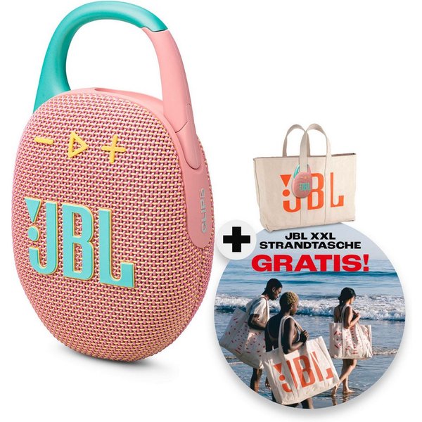 JBL Set: Clip 5 + Strandtasche Bluetooth-Lautsprecher (A2DP Bluetooth, Bluetooth, AVRCP Bluetooth, 7 W, Ultra-kompakter wasserdichter Lautsprecher mit Strandtas
