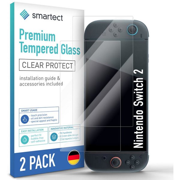 smartect Displayschutzglas 2X Schutzglas Panzerfolie Klar für Nintendo Switch 2 für Nintendo Switch 2, Set, 2 Stück, 0.3 mm Ultra-klar, 9H Härte, Kratzfest, Sto