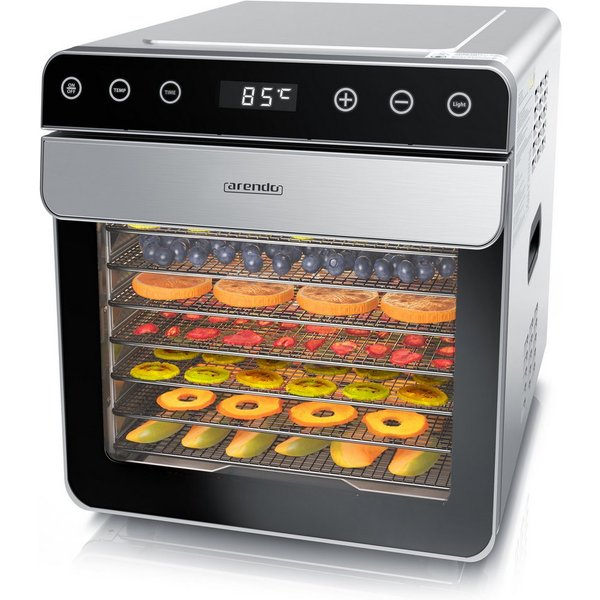 Arendo Dörrautomat Edelstahl, Temperaturregler von 35° bis 85°C, Dörrgerät, Dehydrator 700 W, 8 Etagen, Obst, Fisch, Fleisch Dörrapparat, Obsttrockner, Timer 0,