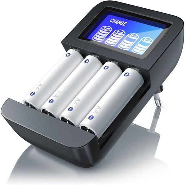 Aplic Universal 4-Schacht Akkulader geeignet für Typ AA / AAA NiMH Akkus Batterie-Ladegerät (2700 mA, 1-tlg., Mikroprozessorgesteuertes Laden, 4 Akkus, LCD, Bat