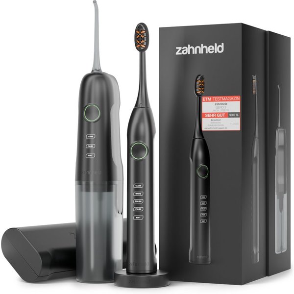 Zahnheld Elektrische Zahnbürste Schallzahnbürste Gero mit Munddusche & Etui schwarz/weiß, 10 Wo Akku, Elektrische Zahnbürste & Zahndusche, Mundpflege, Reisezahn