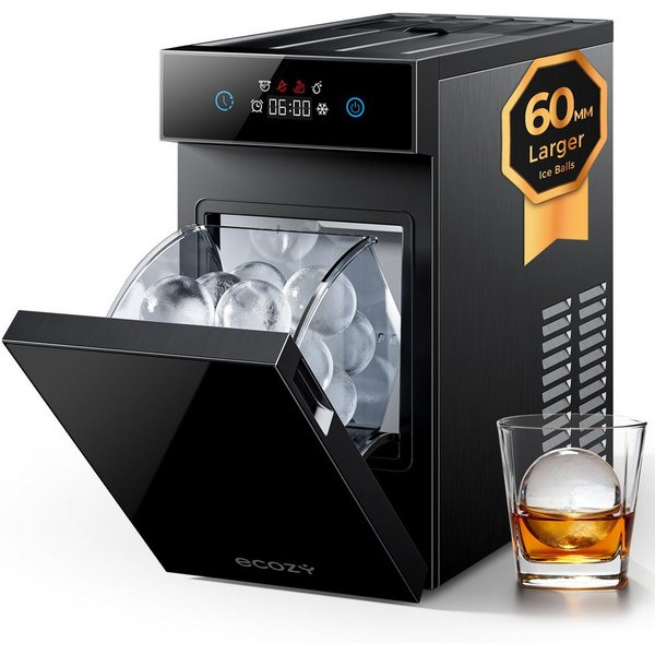 eCozy Eiswürfelmaschine für klare Eiskugeln Ø 60 mm, extragroß, kristallklar, Selbstreinigung, 8h Startzeitvorwahl, LED-Touchdisplay