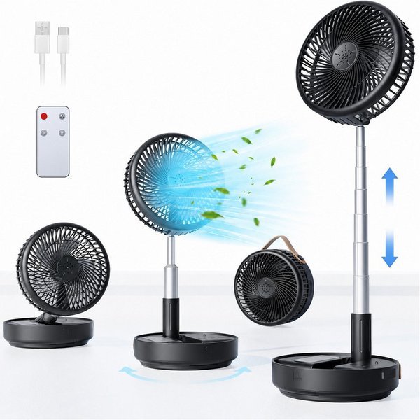 MOPUEA Akku-Standventilator Akku-Standventilator Faltbar Höhenverstellbar Fernbedienung Tragbar, 10400 mAh Akku leise faltbar 90° Schwenkung 8 Std Timer