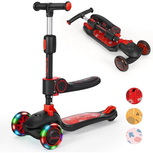 ToteBox Dreiradscooter Kinder Scooter, Höhenverstellbar + Sitz/Steh + LED-Räder