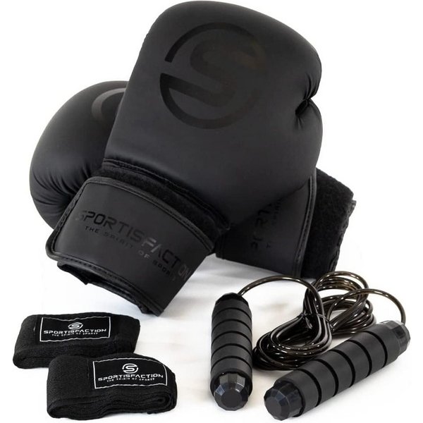 Sportisfaction Boxhandschuhe Boxhandschuhe 12oz Set inkl. Bandagen & Springseil Schwarz PU-Leder, Allround-Größe für Sparring & Training 80-90kg Stabiler Halt