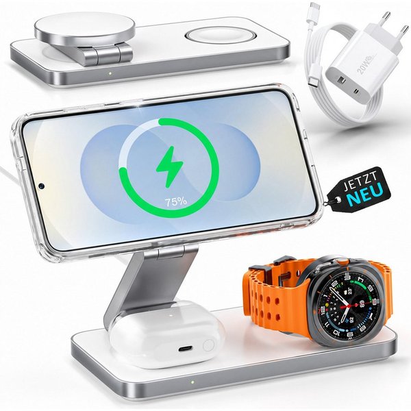 GreenHec 3in1 Ladestation für Samsung S26 S25 S24 S23, Magnetisch, Induktiv Wireless Charger (Spar-Set, Wireless Charging Pad, Watch Charger, MagSafe kompatibel