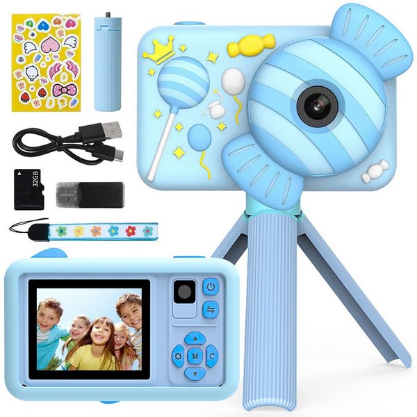 MOPUEA Kinderkamera Mit Doppelobjektiv 1080P 32GB 2 Zoll Bildschirm Kinderkamera (inkl. Kamera Mit Zubehör Für Kinderfotografie, Doppelobjektiv 1080P 32GB Silik