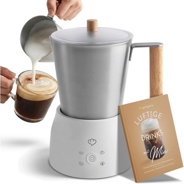Springlane Milchaufschäumer Mia - Elektrischer Milchaufschäumer - 250ml, 4 Programme, 600,00 W, Edelstahl - Heißer & Kalter Milchschaum, Spülmaschinenfest