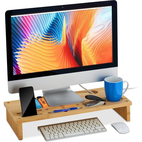 relaxdays Monitor-Halterung Monitorständer Bambus, (bis 24 Zoll, 1-tlg)