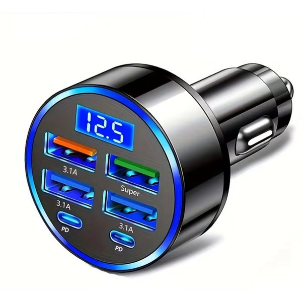 Wrischan 350W USB Auto Ladegerät 6 Ports PD QC3.0 USB C Schnellladegerät USB-Ladegerät (Einzelgerät, Schnellladen, 6 Ports, Display Anzeige, GaN Technologie, Me
