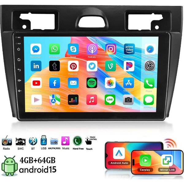 ESSGOO DAB+ Für Ford Fiesta V 2002-08 JD,JH Android15 Autoradio Carplay Navi Autoradio (4+64GB(optional), DAB+ (optional), Touchscreen Mirror Link SWC,FM,RDS,AM