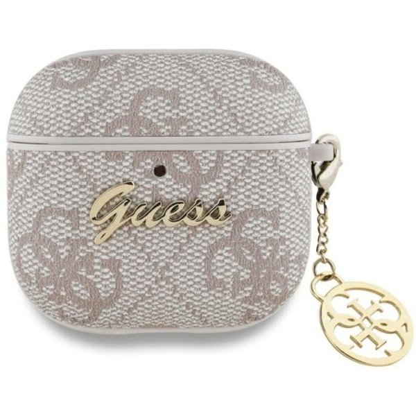 Guess Kopfhörer-Schutzhülle Hülle Case AirPods 4 Kunstleder rosa Logo Metal Kette goldfarbig, Kantenschutz