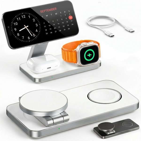 GreenHec Ladestation Apple Watch iPhone 3in1 MagSafe Ladegerät Wireless Charger Wireless Charger (3000 mA, Spar-Set, 3in1 PowerBase + USB-C Kabel + 20w Dual Cha
