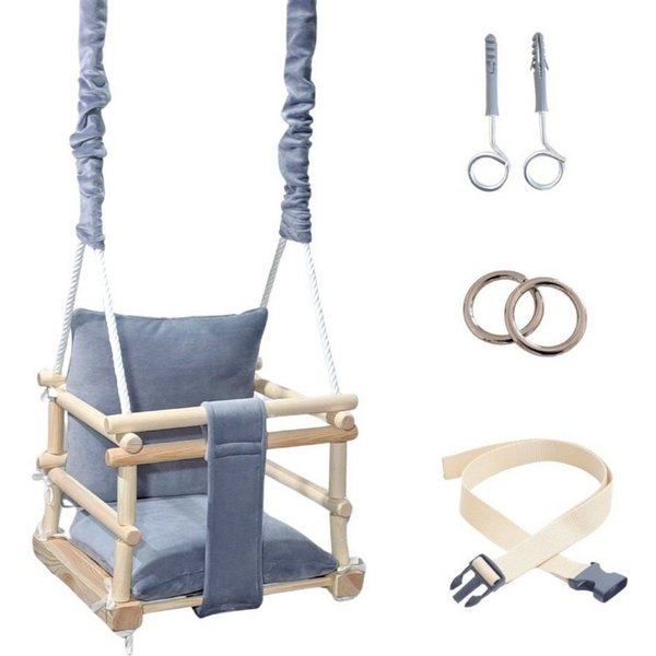 LuMali Babyschaukel Babyschaukel 3in1 Holz Sicherheitsgurt drinnen draußen 34x34x28cm, Kinderschaukel Naturholz Kiefer weich verstellbar 6-36 Monate