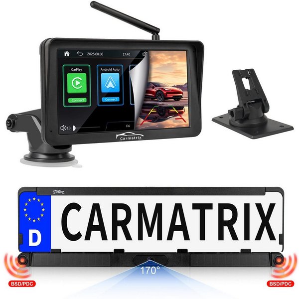 CARMATRIX SC43U Rückfahrkamera (HD Solar Funk Rückfahrsystem Nummernschild mit CarPlay Android Auto, Rückfahrkamera Solarpanel Kennzeichenhalter PDC Sensoren Ei