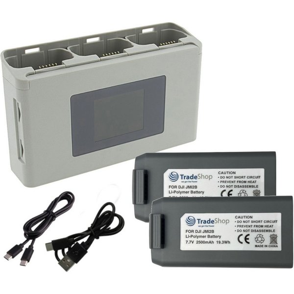Trade-Shop 3in1 Set: 2x Akku + 3-fach Ladegerät passend für DJI Mavic Mini 2 Zubehör Drohne (mit Powerbank und SD-Speicherkartenaufbewahrung / Anschluss über US