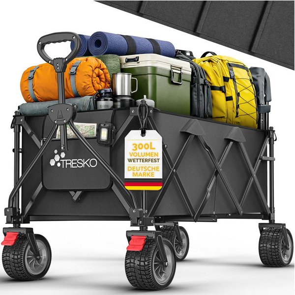 TRESKO Bollerwagen Bollerwagen faltbar 300L mit Bremse Handwagen klappbar 150kg (inkl. Vollgummireifen Faltbarer Strandwagen mit Extra Breite All-Terrain-Räder,